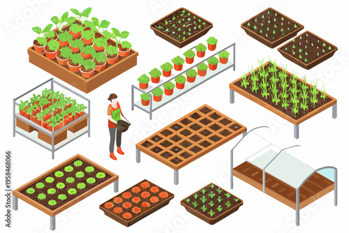 Isometric illustration of a gardener and various planting containers