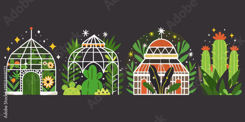 Four stylized greenhouse illustrations with desert plants against a dark background