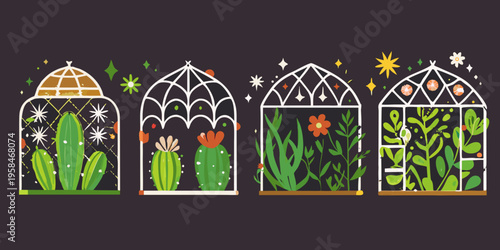 Four decorative greenhouse windows showcasing different desert and floral plants