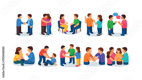 Diverse people interacting in various social situations, illustrating connection and communication