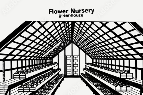 Minimalist black and white illustration of a greenhouse flower nursery interior