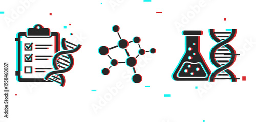 Clipboard molecule and flask with dna icons on white background. Glitch effect