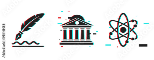 Writing quill, classical bank and atom icons on white background. Glitch effect