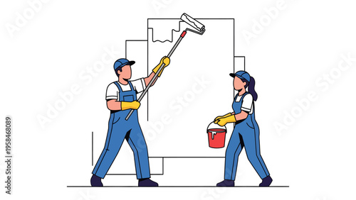 Renovation Team in Action: A dynamic duo, clad in work attire, collaborate on transforming a structure, one applying paint with a roller while the other carries a bucket. 