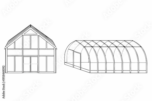 Line drawing of two different greenhouse structures gable and quonset