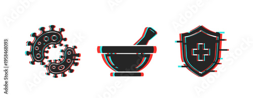 Medical icons depicting bacteria mortar and shield protection. Glitch effect