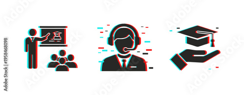 Education icons showing teaching and guidance on white background. Glitch effect