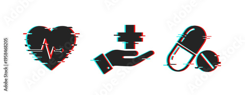 Healthcare icons showing heart, care hand, and medication. Glitch effect