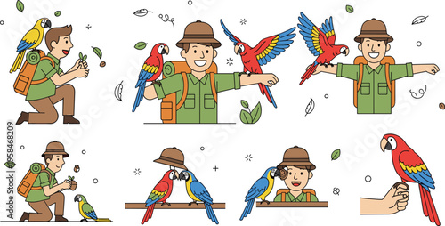 Explorer Character Set with Tropical Parrots and Macaws for Nature Discovery, Safari Adventure, Wildlife Education, and Summer Camp Travel Branding Vector Illustrations