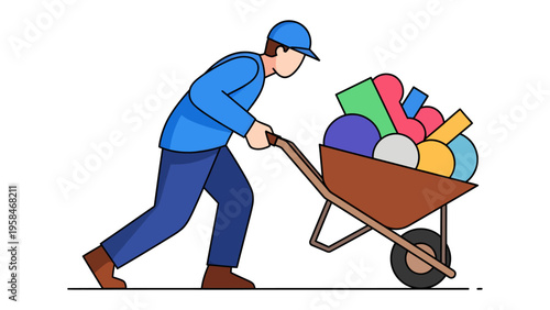 Workman Wheelbarrow Burden: A determined worker propels a wheelbarrow laden with an assortment of colorful objects, showcasing effort, responsibility and transportation.