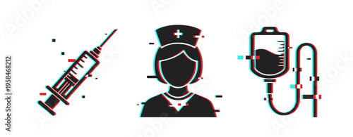 Medical treatment icons showing injection nurse and iv bag. Glitch effect