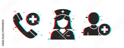 Medical phone and nurse with patient medical icon set. Glitch effect