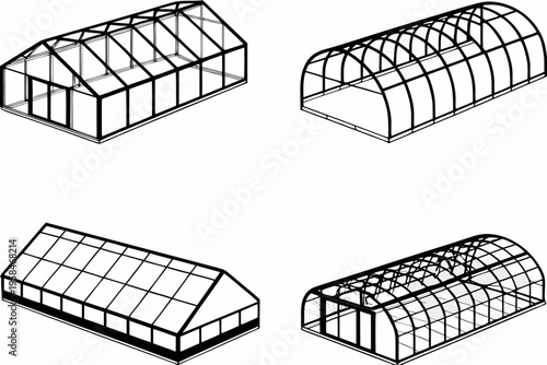 Isometric illustrations of various greenhouse frame designs in black lines