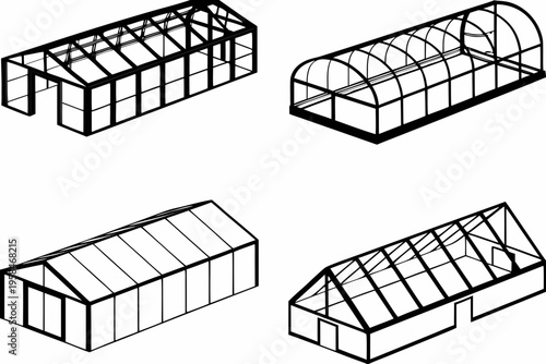 Isometric view of four different greenhouse frame designs in black lines