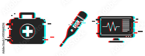 First aid and diagnostic icons shown in medical layout. Glitch effect