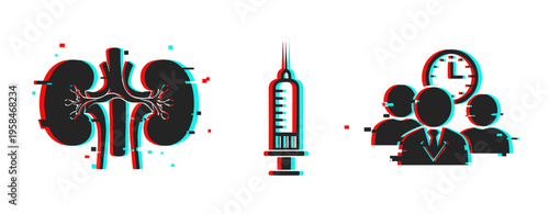 Medical symbols showing glitch distortion on white background. Glitch effect