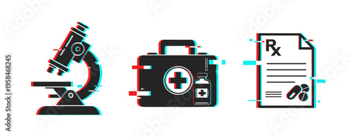 Microscope and medical kit icons shown on white background. Glitch effect