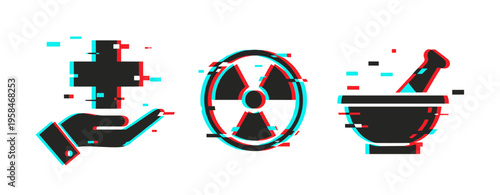 Medical and hazard icons shown glitching on white background. Glitch effect