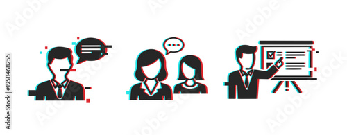 Business communication icons presented in row with glitch effect. Glitch effect