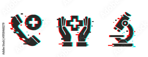 Medical support icons showing contact care and research on white background. Glitch effect