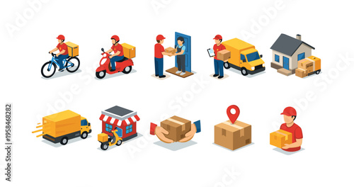 Delivery services illustrated with various transportation methods and packages