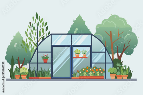 Cartoon illustration of a glass greenhouse with plants and surrounding trees