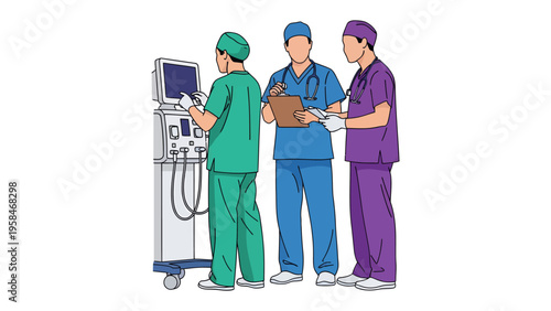 Medical Team at Work: A team of dedicated medical professionals collaborating around complex machinery, possibly a ventilator, with focused attention and expertise.