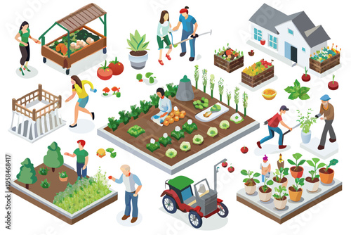 Isometric illustration depicting a vibrant community garden and suburban life