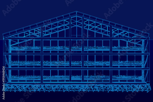 Blueprint of a large multi tiered building structure against a dark background