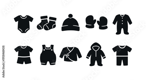 Collection of black baby clothing icons on a white background
