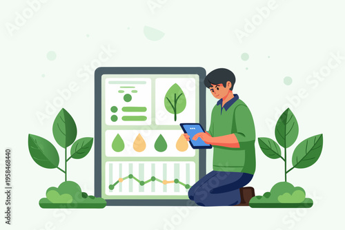Man using a tablet displaying plant data and growth analysis