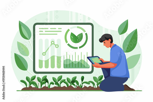 Man analyzing environmental data on a tablet amidst lush greenery