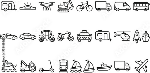 Transportation Vehicle Line Icon Set with Drone, Bicycle, Truck, Helicopter, Rocket, Train, Scooter, Caravan, Ship and Airplane Mobility Symbols for Travel UI Design
