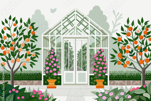 A charming greenhouse surrounded by blossoming trees and vibrant flowerbeds