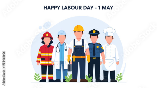 Happy Labour Day: A diverse group of people from different professions stand together, symbolizing unity and appreciation for workers.