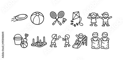 Collection of simple line art icons depicting children's outdoor games and activities