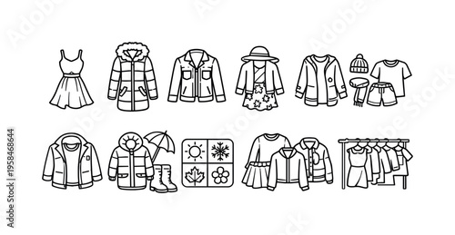 Collection of clothing icons representing different seasons and styles for fashion design