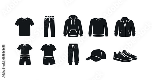 Collection of black clothing and footwear icons on a white background