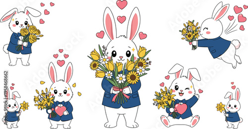 Hand Drawn White Rabbit Character Set with Yellow Floral Bouquets and Pink Hearts for Romantic Spring Greetings, Valentine Day Celebration, and Wedding Anniversary Designs