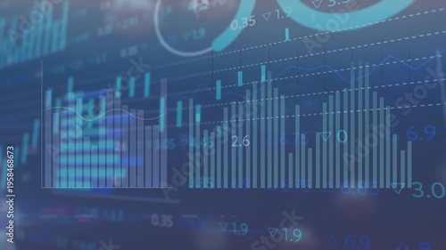 Animation of statistical data processing and covid-19 cells floating against blue background