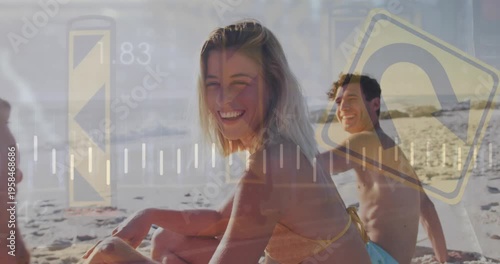 Animation of road signs and financial data processing over couple on beach