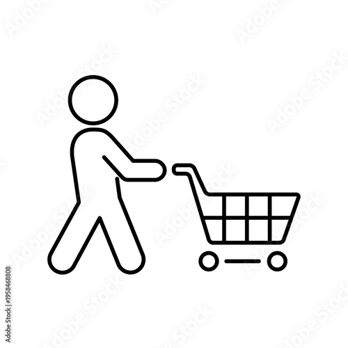 ショッピングカートをおして歩く人の線画アイコン