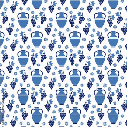 Greek symbols, amphora and grapes in blue and white, seamless pattern
