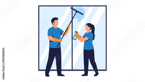 Window Washing Duo: A dedicated cleaning duo meticulously washes a large window with professional tools.