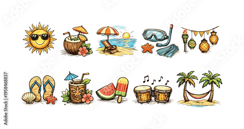 Collection of vibrant summer holiday icons and symbols for vacation fun