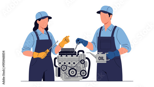 Engine Overhaul Duo: Two diligent mechanic in uniform work diligently on engine overhaul, using tool and oil.