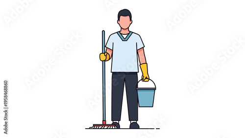 Cleanliness Champion: A diligent cleaner, equipped with a mop and bucket, stands ready to transform spaces and deliver pristine cleanliness. 