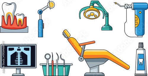 Dentistry and Dental Care Icon Set with Tooth Clinic Chair Drill X Ray Tools Equipment and Oral Hygiene Elements for Medical Healthcare Design