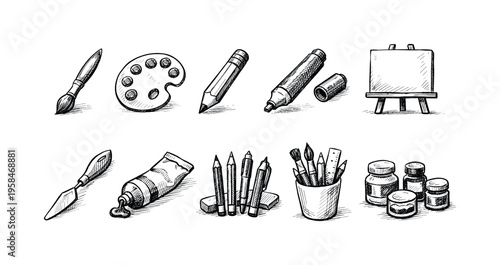 Collection of hand-drawn art supplies including brushes, paints, pencils, and easel
