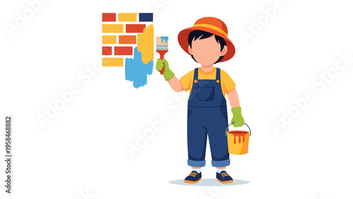 Young Painter at Work: A youthful individual, clad in overalls, expertly applies paint to a brick wall using a brush. Depicting creativity and hands-on skill.